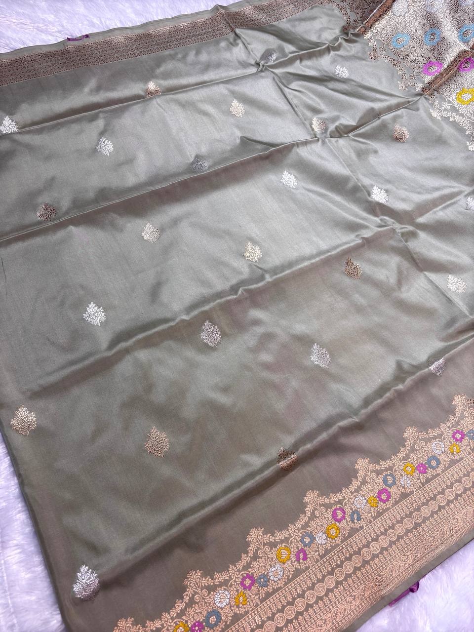 Sage Olive Grey Pure Katan Silk Saree with Sona-Rupa Butas and Pastel Meenakari Jaal Pallu