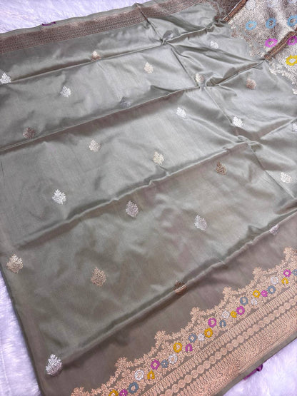 Sage Olive Grey Pure Katan Silk Saree with Sona-Rupa Butas and Pastel Meenakari Jaal Pallu