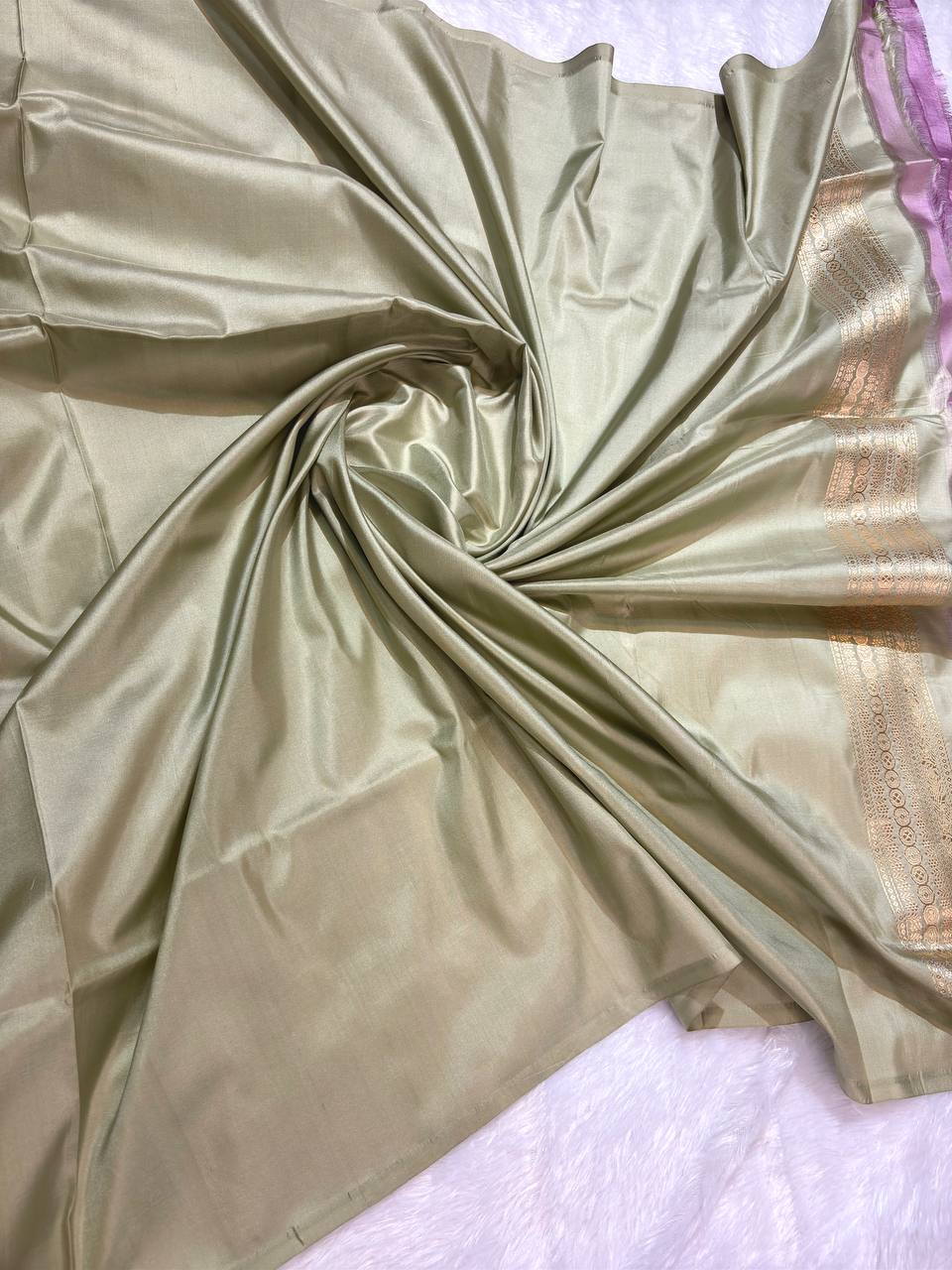 Sage Olive Grey Pure Katan Silk Saree with Sona-Rupa Butas and Pastel Meenakari Jaal Pallu