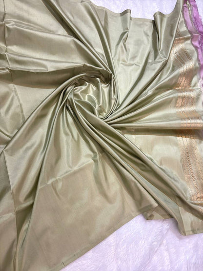 Sage Olive Grey Pure Katan Silk Saree with Sona-Rupa Butas and Pastel Meenakari Jaal Pallu