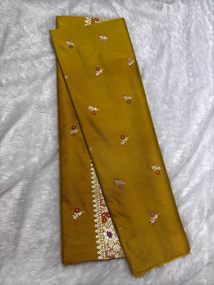 Olive Mustard Pure Katan Silk Saree with Sona-Rupa Butas and Kalpavriksha Pallu