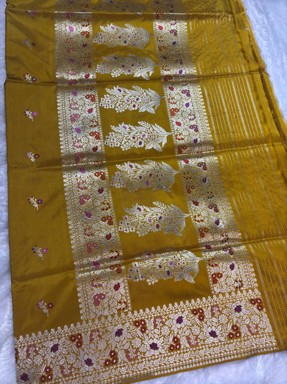 Olive Mustard Pure Katan Silk Saree with Sona-Rupa Butas and Kalpavriksha Pallu