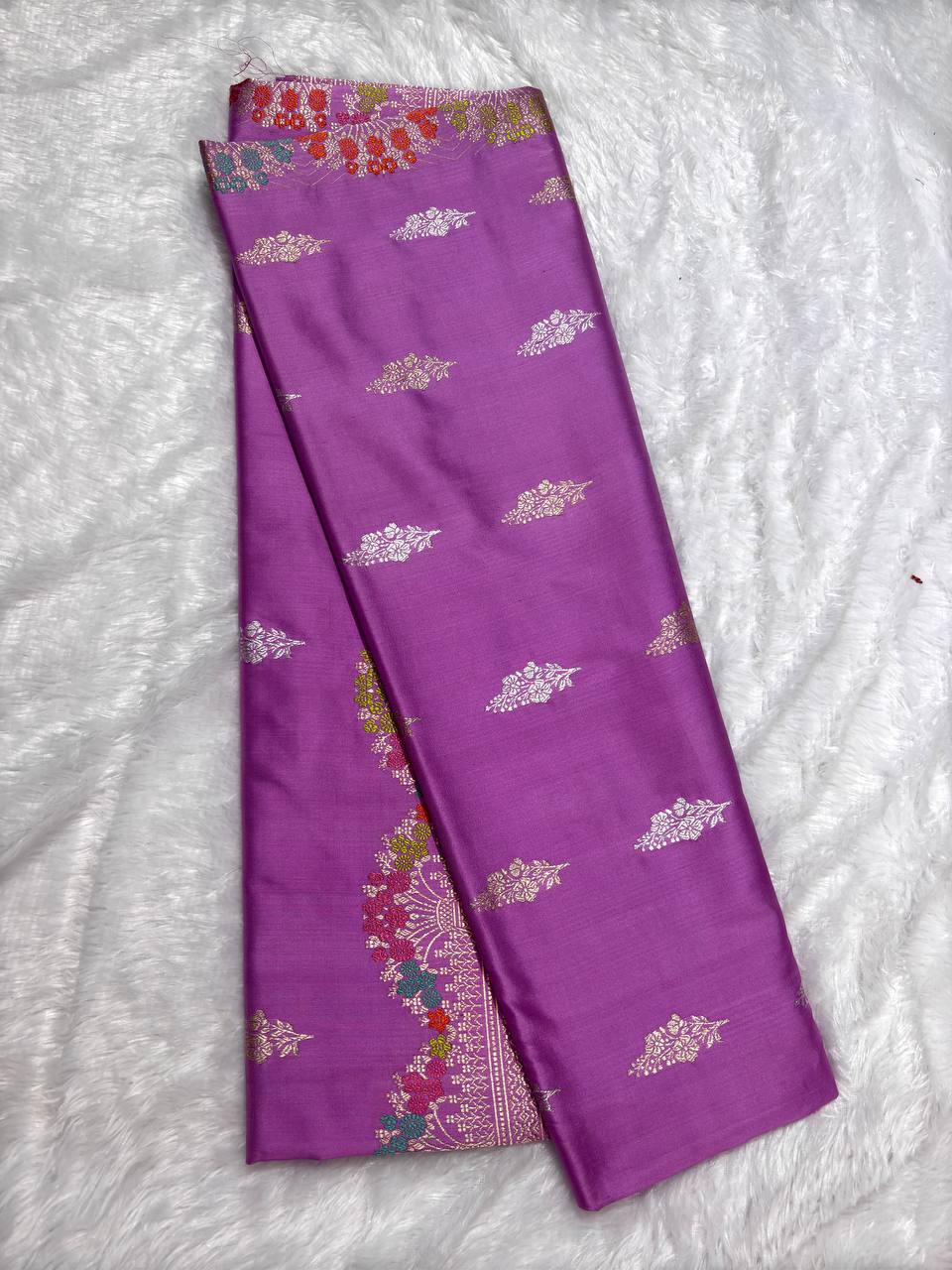 Orchid Lilac Pink Pure Katan Silk Saree with Sona-Rupa Butas and Guldasta Meenakari Border