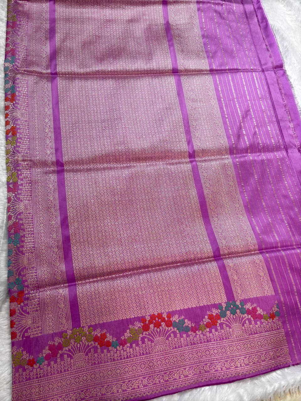 Orchid Lilac Pink Pure Katan Silk Saree with Sona-Rupa Butas and Guldasta Meenakari Border