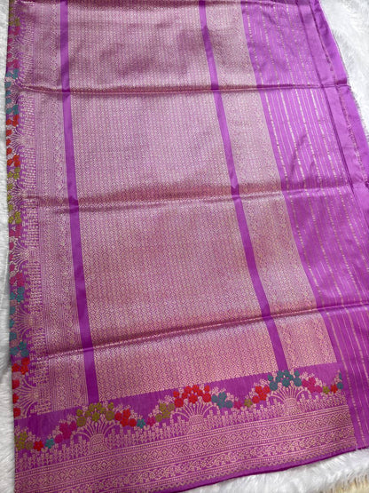 Orchid Lilac Pink Pure Katan Silk Saree with Sona-Rupa Butas and Guldasta Meenakari Border