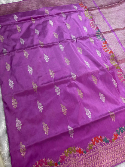Orchid Lilac Pink Pure Katan Silk Saree with Sona-Rupa Butas and Guldasta Meenakari Border