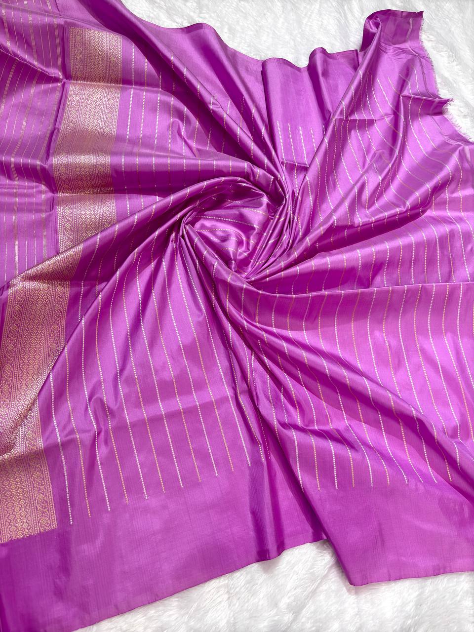 Orchid Lilac Pink Pure Katan Silk Saree with Sona-Rupa Butas and Guldasta Meenakari Border