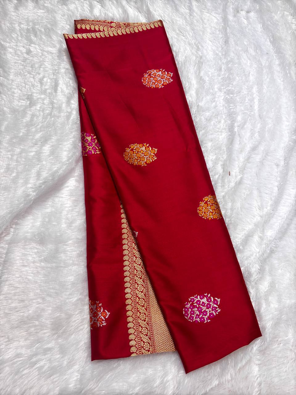 Crimson Red Pure Katan Silk Saree with Sona-Rupa Butas and Traditional Zari Pallu