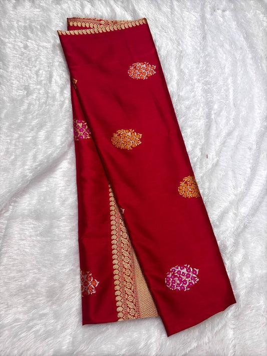 Crimson Red Pure Katan Silk Saree with Sona-Rupa Butas and Traditional Zari Pallu