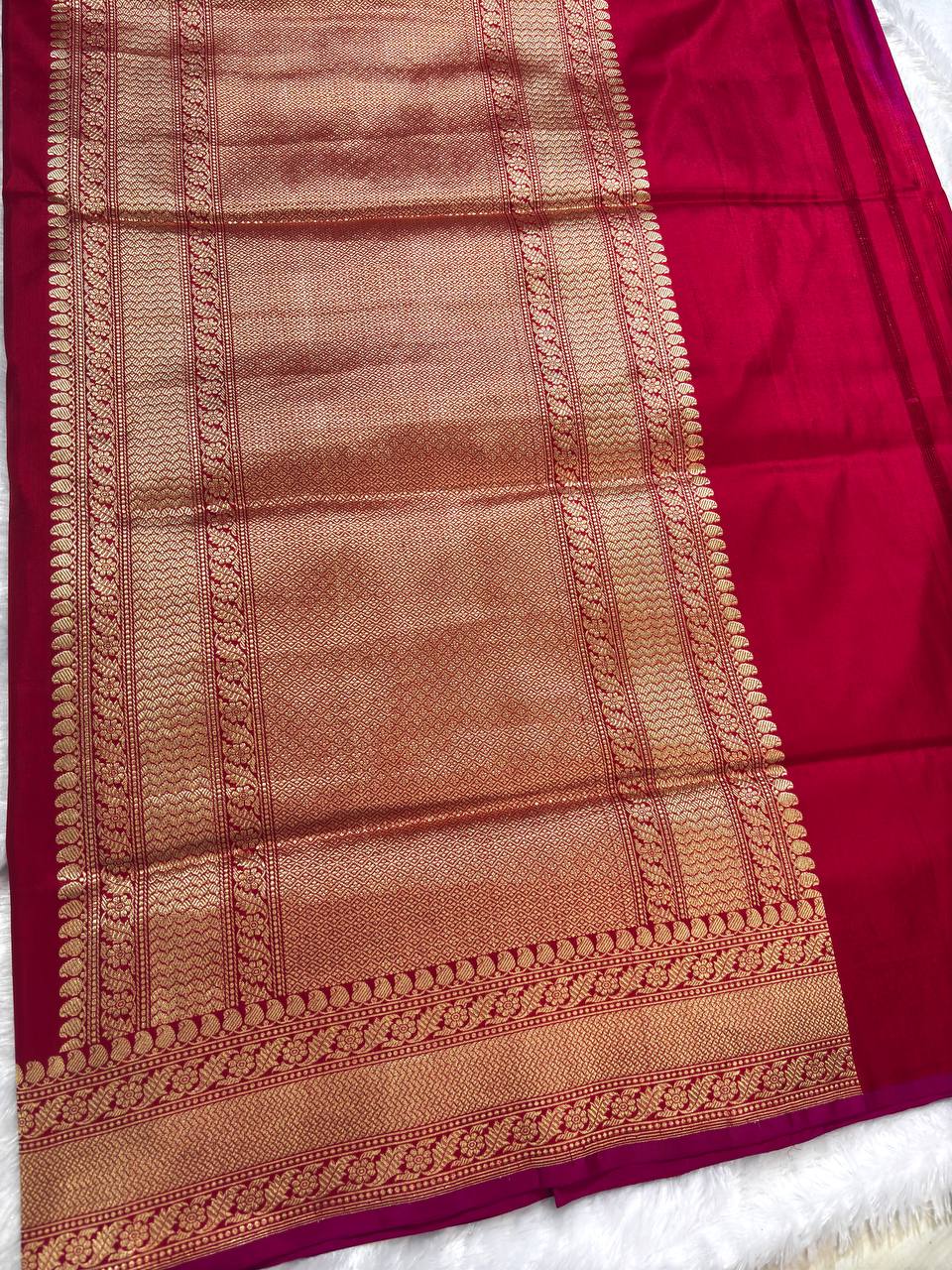 Crimson Red Pure Katan Silk Saree with Sona-Rupa Butas and Traditional Zari Pallu