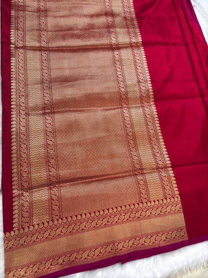 Crimson Red Pure Katan Silk Saree with Sona-Rupa Butas and Traditional Zari Pallu