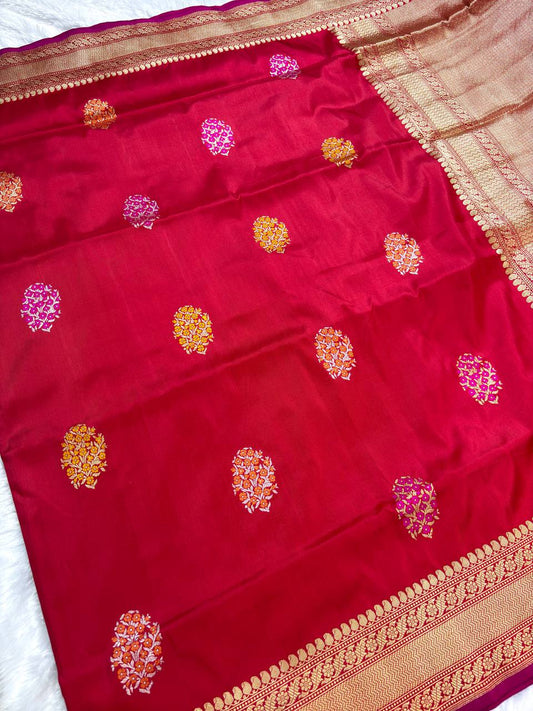 Crimson Red Pure Katan Silk Saree with Sona-Rupa Butas and Traditional Zari Pallu