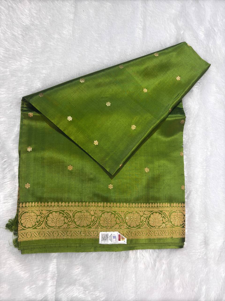 The Amra Raw Mango Green Silk Saree with Kadhua Zari Boottis