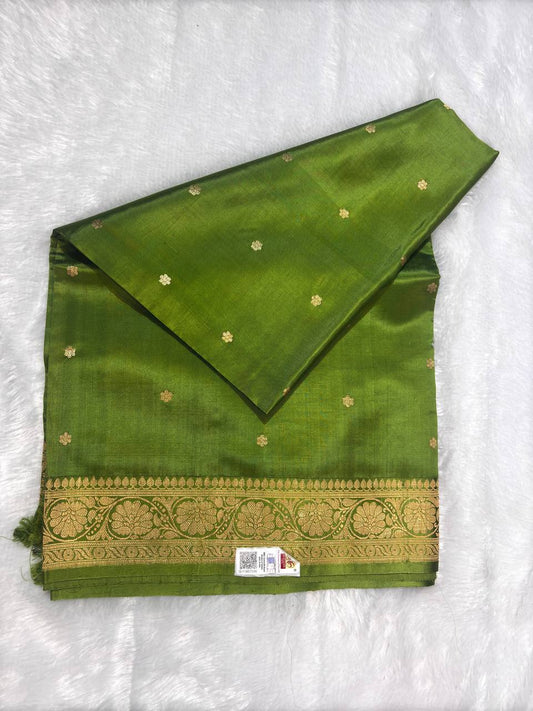The Amra Raw Mango Green Silk Saree with Kadhua Zari Boottis