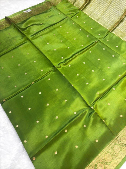 The Amra Raw Mango Green Silk Saree with Kadhua Zari Boottis