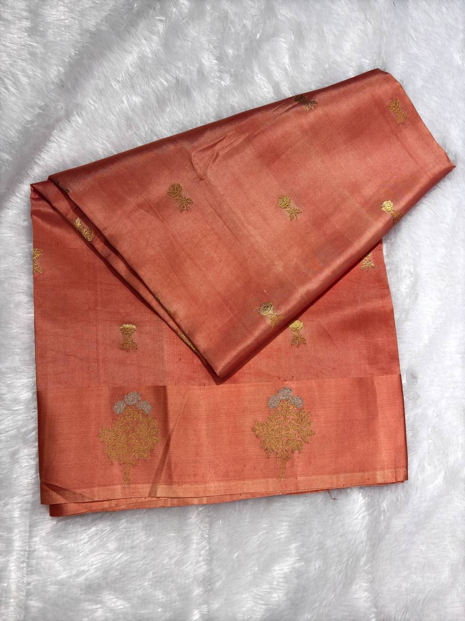 The Kanak Peach Pink Raw Mango Kadhua Silk Saree