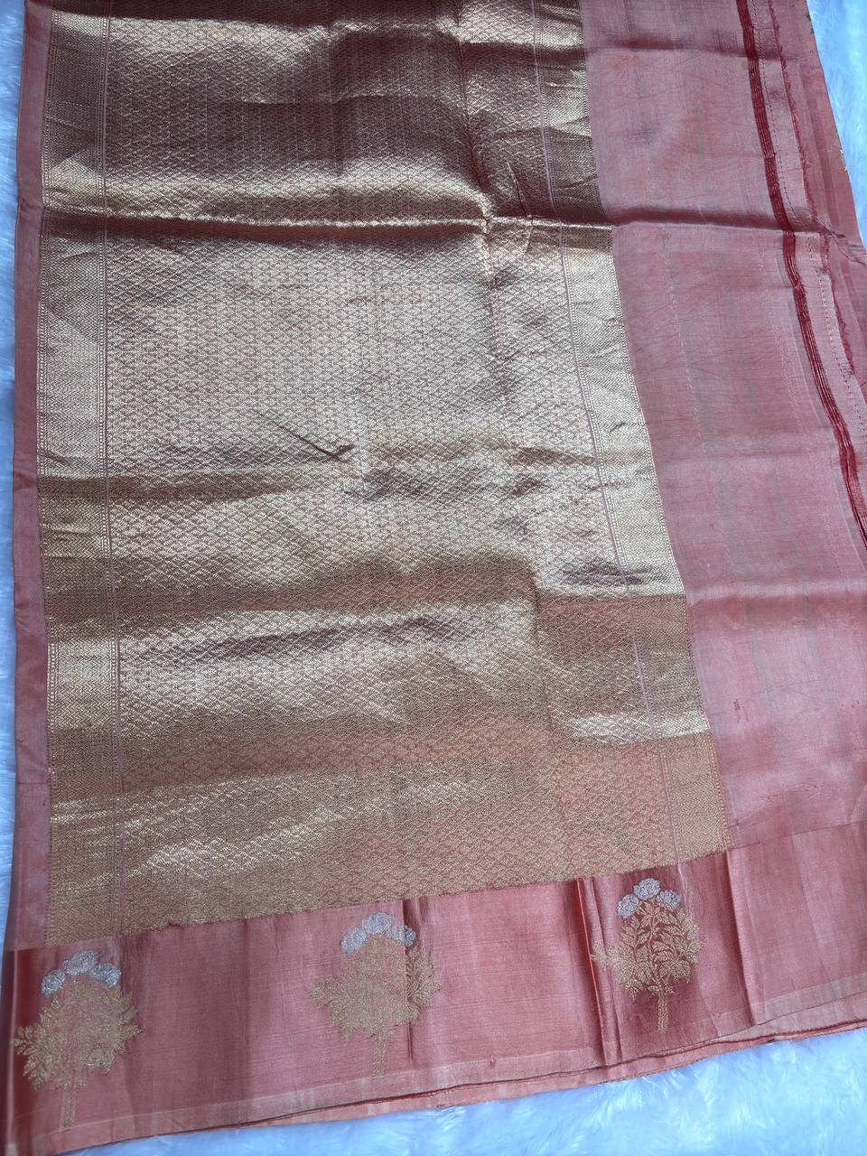 The Kanak Peach Pink Raw Mango Kadhua Silk Saree