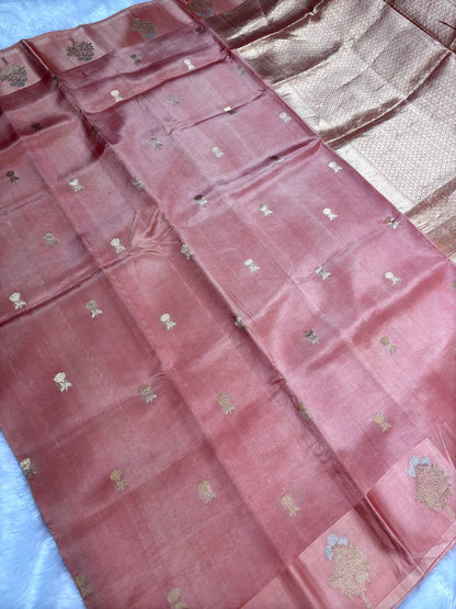 The Kanak Peach Pink Raw Mango Kadhua Silk Saree
