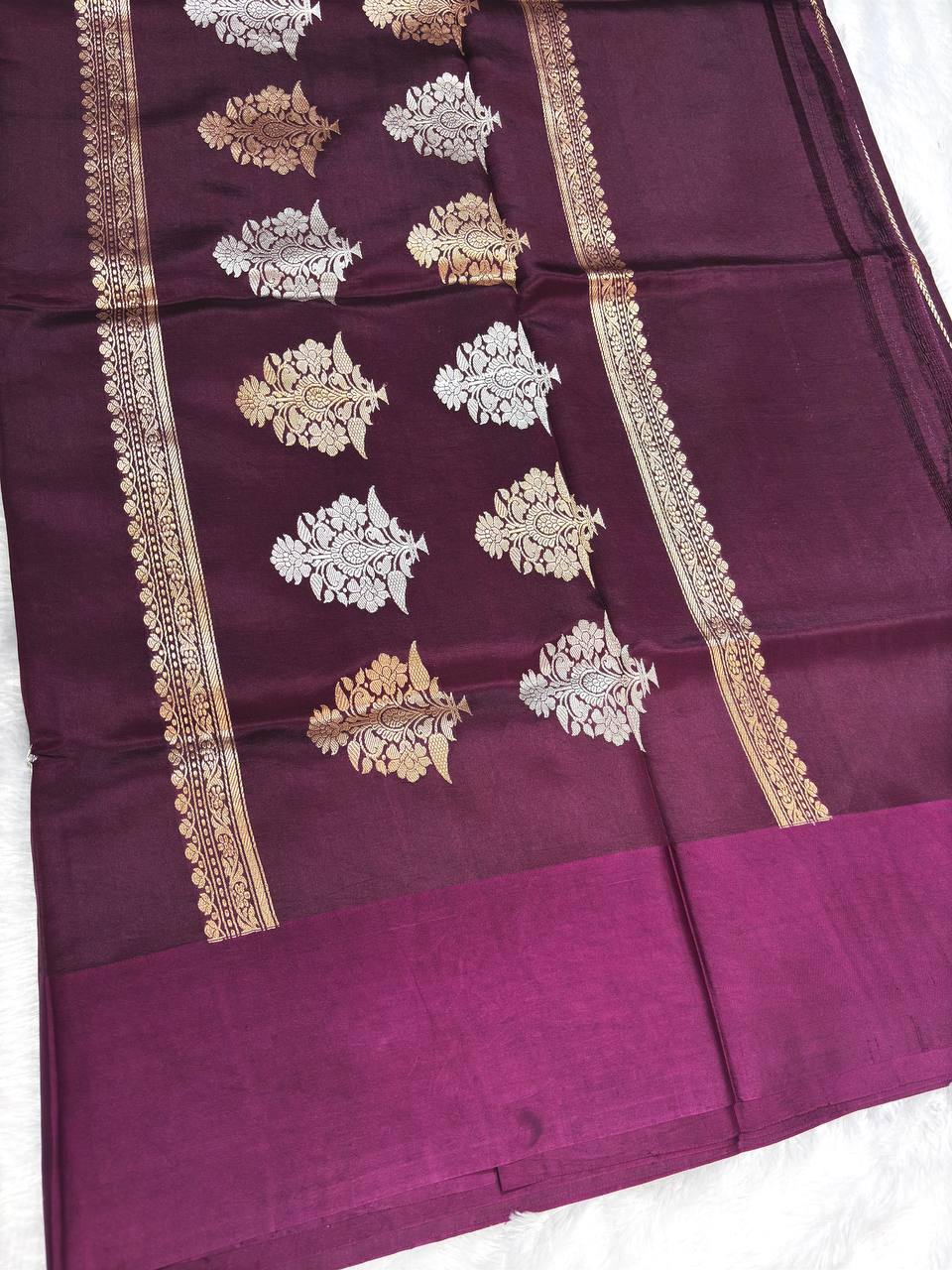 The Kalyani Wine Purple Raw Mango Sona Rupa Kadhua Silk Saree