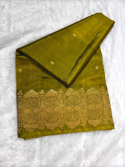 The Mehandi Olive Green Raw Mango Kadhua Silk Saree