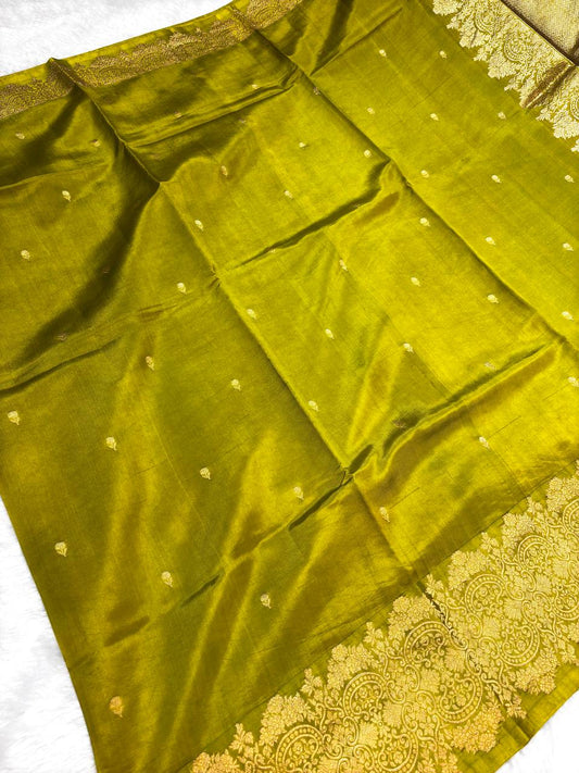 The Mehandi Olive Green Raw Mango Kadhua Silk Saree