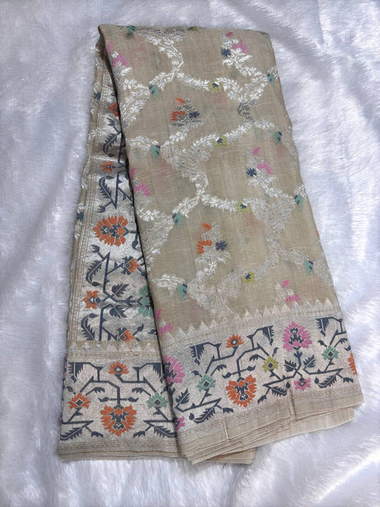 Banarasi Tussar Georgette Saree in Antique Ivory with Meenakari Jaal (Dyeable)