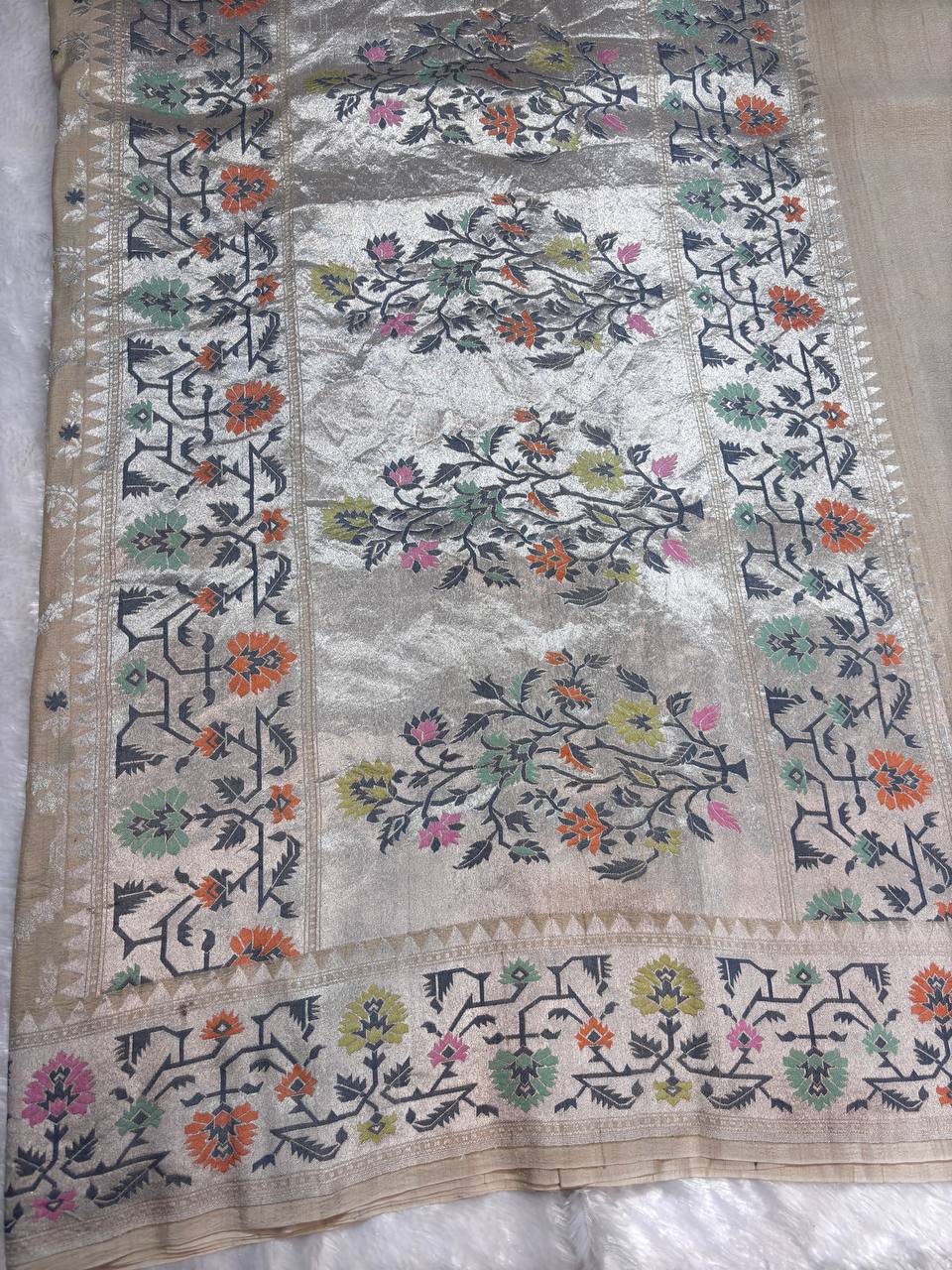 Banarasi Tussar Georgette Saree in Antique Ivory with Meenakari Jaal (Dyeable)