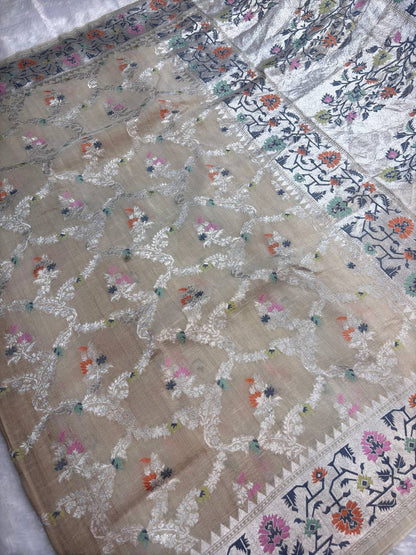 Banarasi Tussar Georgette Saree in Antique Ivory with Meenakari Jaal (Dyeable)