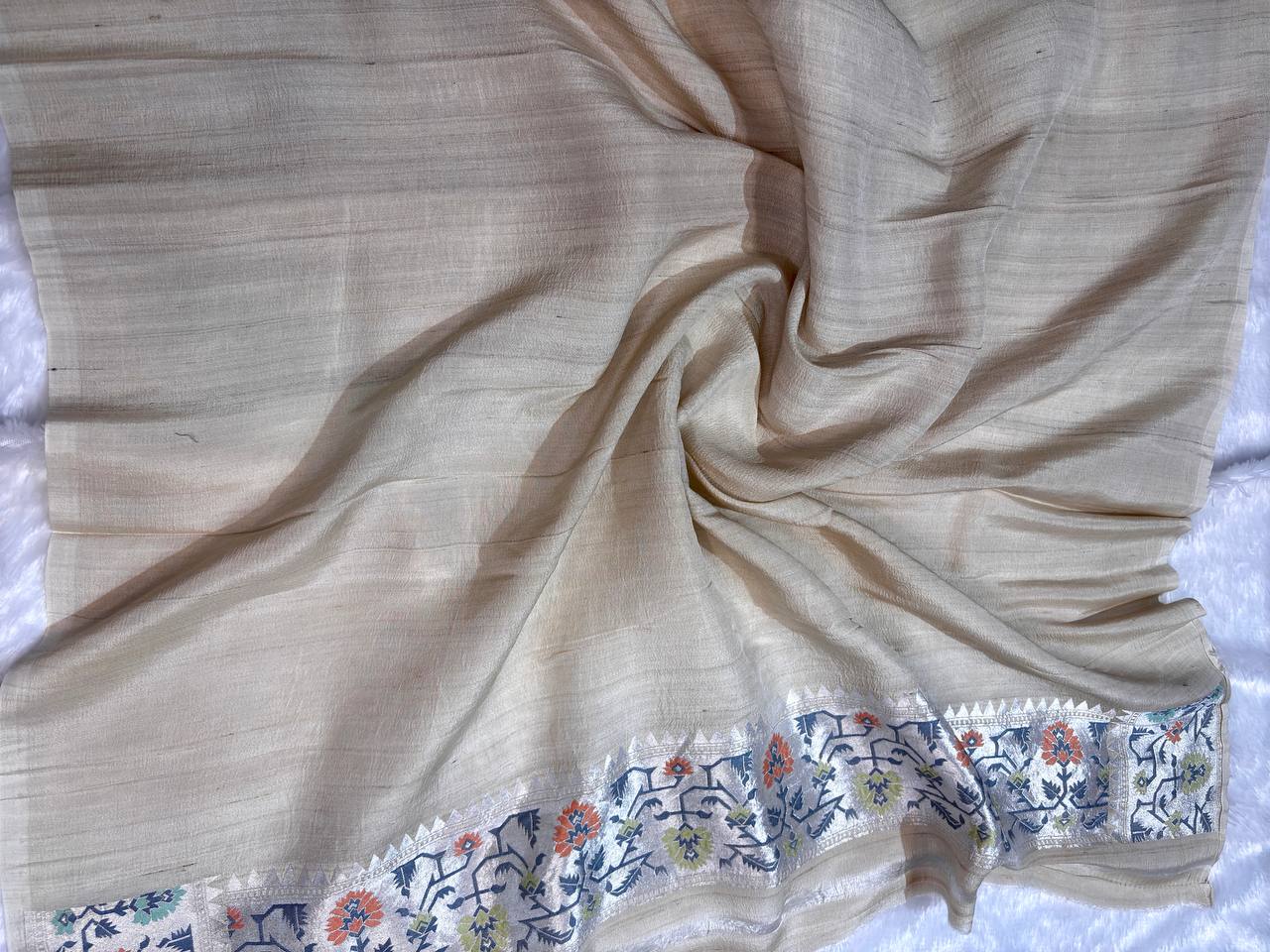 Banarasi Tussar Georgette Saree in Antique Ivory with Meenakari Jaal (Dyeable)