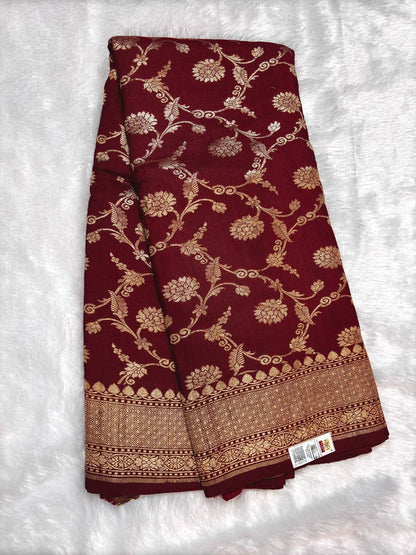 Wine Maroon Tussar Georgette Saree | Handwoven Banarasi Kadhua Jaal