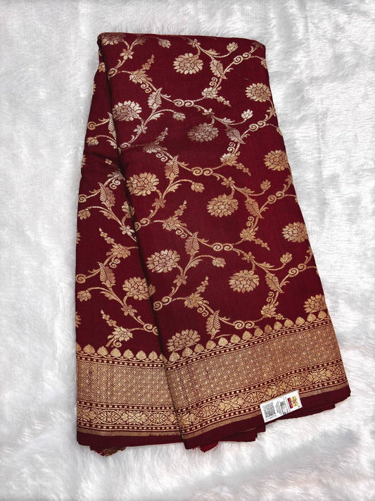 Wine Maroon Tussar Georgette Saree | Handwoven Banarasi Kadhua Jaal