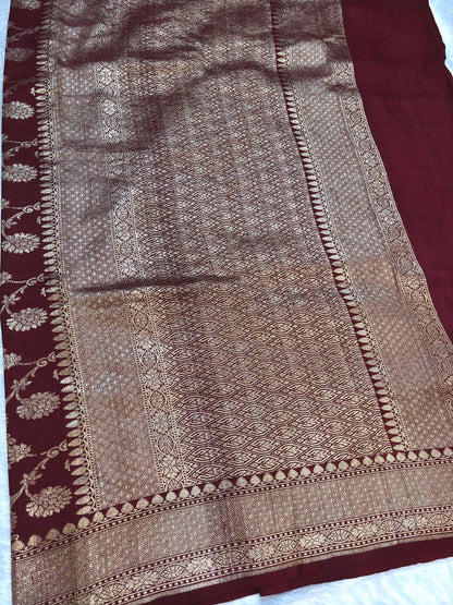 Wine Maroon Tussar Georgette Saree | Handwoven Banarasi Kadhua Jaal