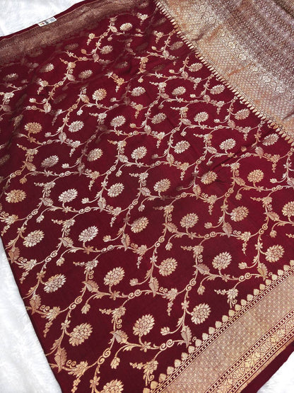Wine Maroon Tussar Georgette Saree | Handwoven Banarasi Kadhua Jaal