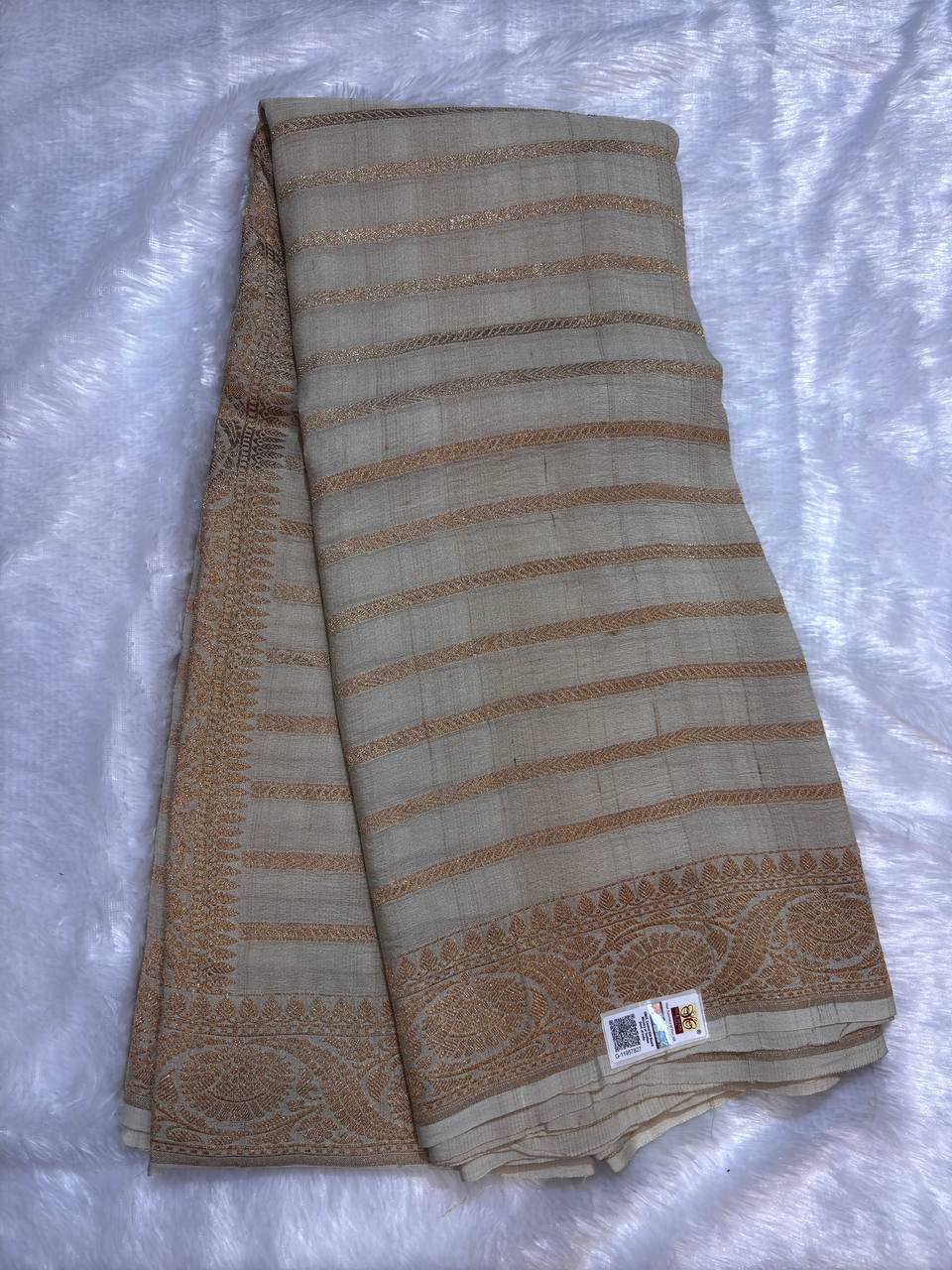 Ivory Beige Tussar Georgette Saree with Antique Zari Weaving (Dyeable)