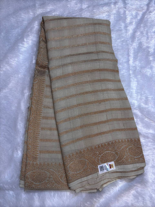 Ivory Beige Tussar Georgette Saree with Antique Zari Weaving (Dyeable)