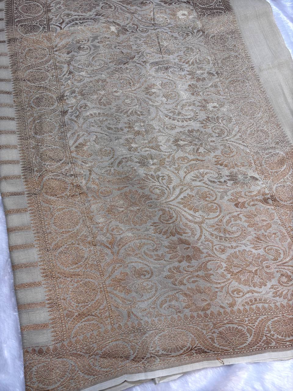Ivory Beige Tussar Georgette Saree with Antique Zari Weaving (Dyeable)