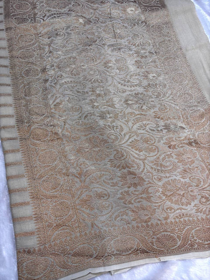 Ivory Beige Tussar Georgette Saree with Antique Zari Weaving (Dyeable)