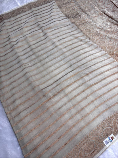 Ivory Beige Tussar Georgette Saree with Antique Zari Weaving (Dyeable)