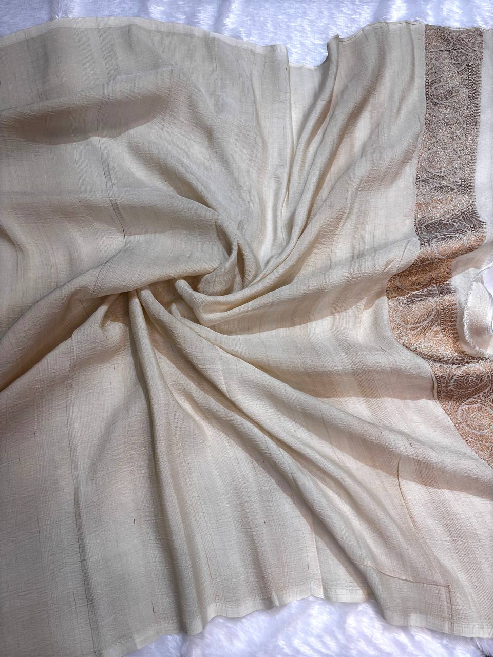 Ivory Beige Tussar Georgette Saree with Antique Zari Weaving (Dyeable)