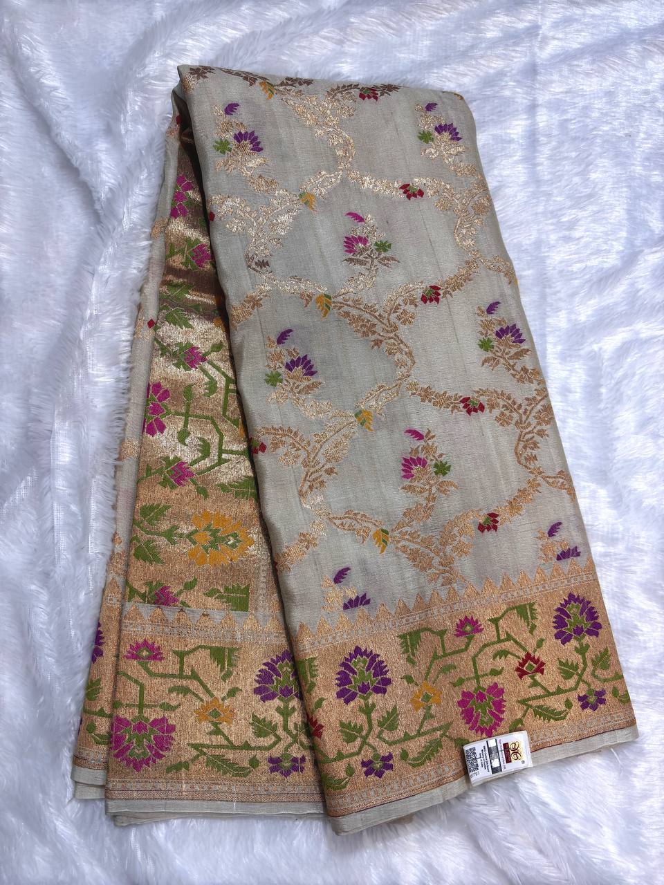Ivory Cream Tussar Georgette Saree | Handwoven Kadhua Meenakari (Dyeable)