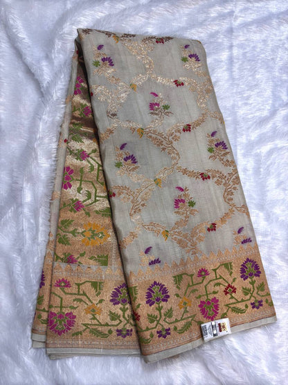 Ivory Cream Tussar Georgette Saree | Handwoven Kadhua Meenakari (Dyeable)