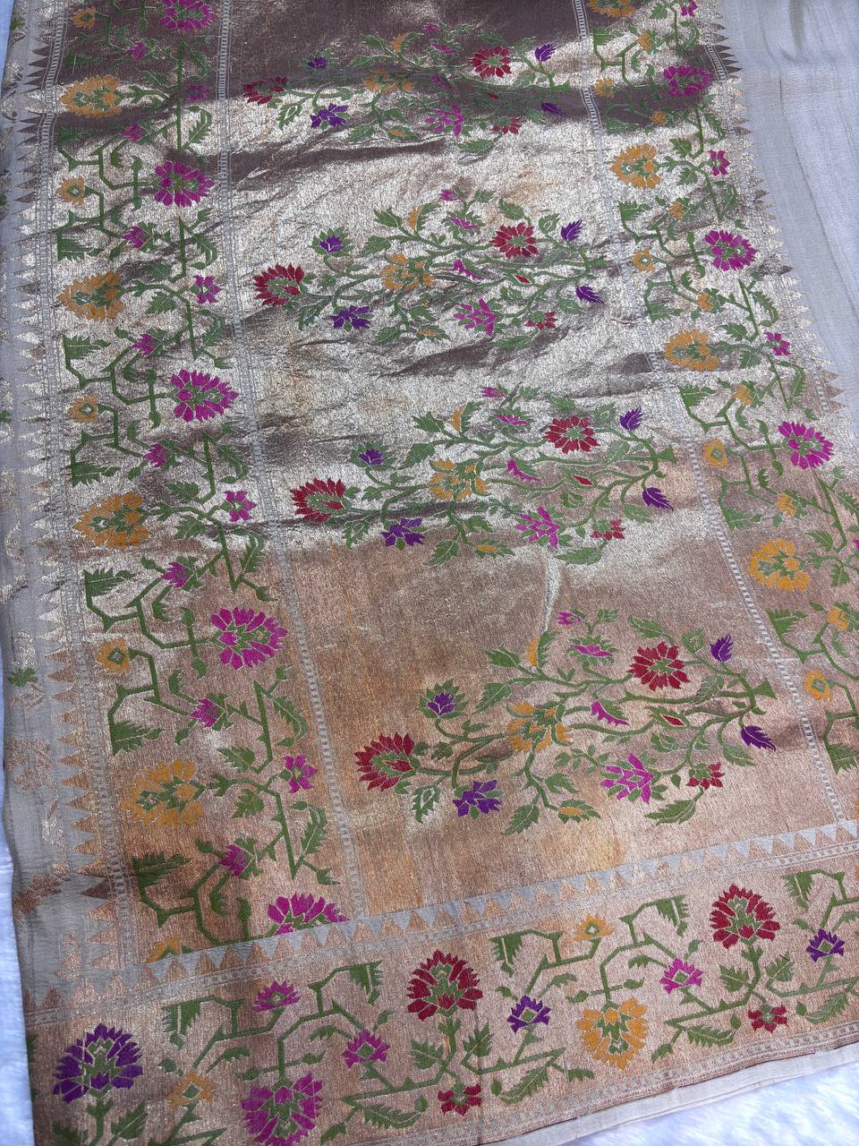 Ivory Cream Tussar Georgette Saree | Handwoven Kadhua Meenakari (Dyeable)