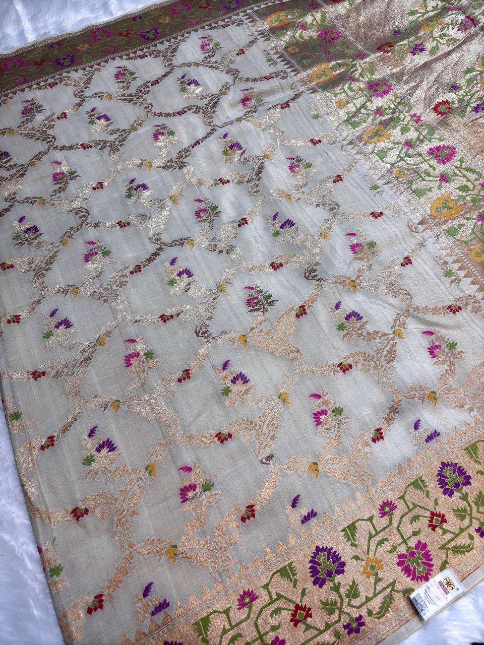 Ivory Cream Tussar Georgette Saree | Handwoven Kadhua Meenakari (Dyeable)