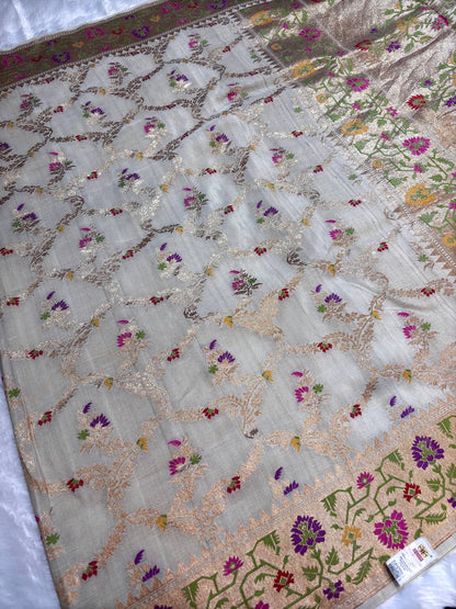 Ivory Cream Tussar Georgette Saree | Handwoven Kadhua Meenakari (Dyeable)