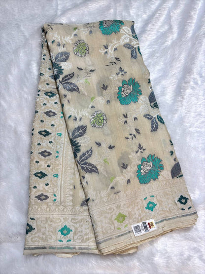 Warm Beige Tussar Georgette Saree | Handwoven Silver Kadhua Jaal (Dyeable)
