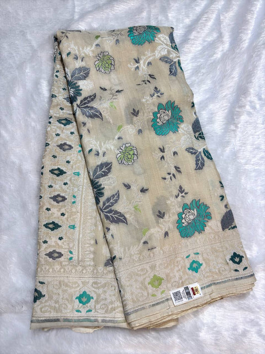 Warm Beige Tussar Georgette Saree | Handwoven Silver Kadhua Jaal (Dyeable)