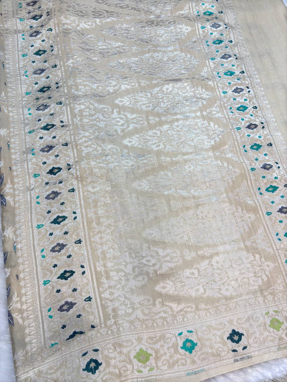 Warm Beige Tussar Georgette Saree | Handwoven Silver Kadhua Jaal (Dyeable)