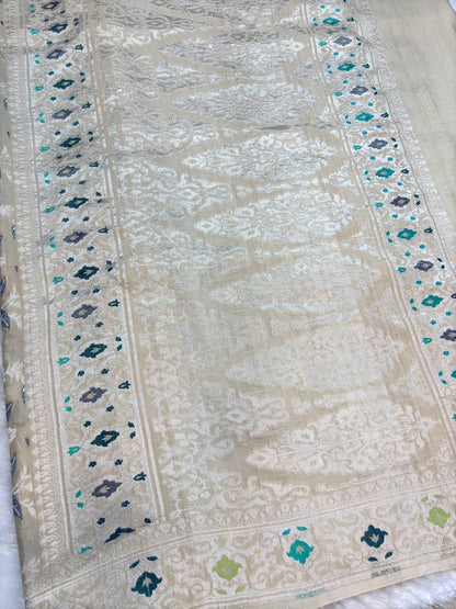 Warm Beige Tussar Georgette Saree | Handwoven Silver Kadhua Jaal (Dyeable)