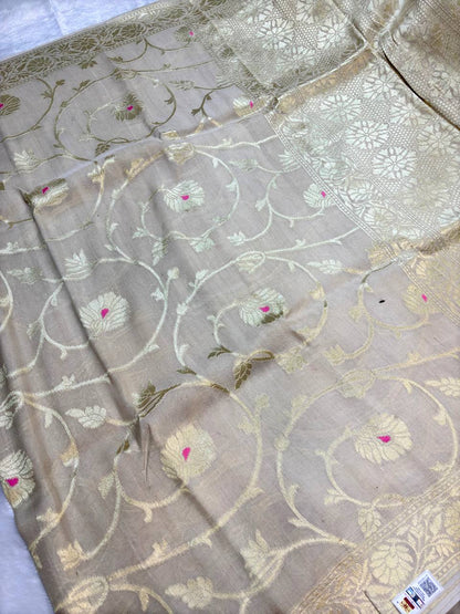 Beige Tussar Georgette Saree | Handwoven Kadhua Bail Jaal (Dyeable)