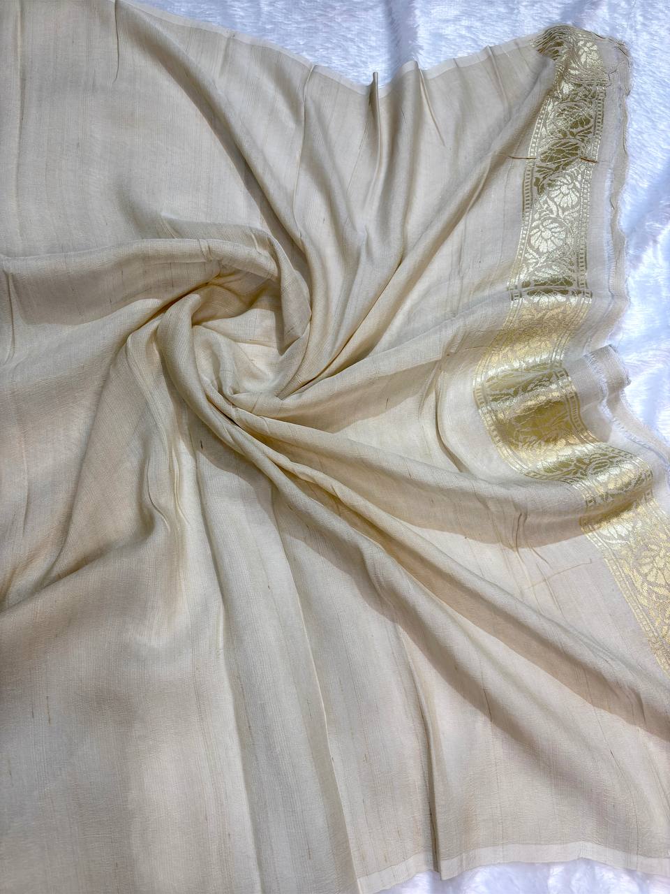 Beige Tussar Georgette Saree | Handwoven Kadhua Bail Jaal (Dyeable)